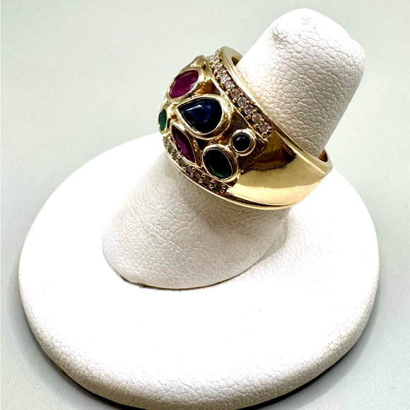 Effy 14k Yellow Gold Multi-Shape Emerald Sapphire Ruby Diamond Cocktail Ring - Picture 3 of 5